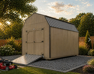 Tan barn-style shed with high barn roof, double doors, and loading ramp