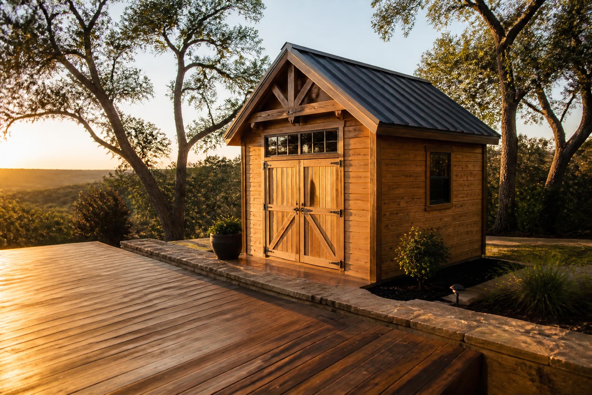 Custom cedar shed beside a stained wood deck at golden hour in Texas