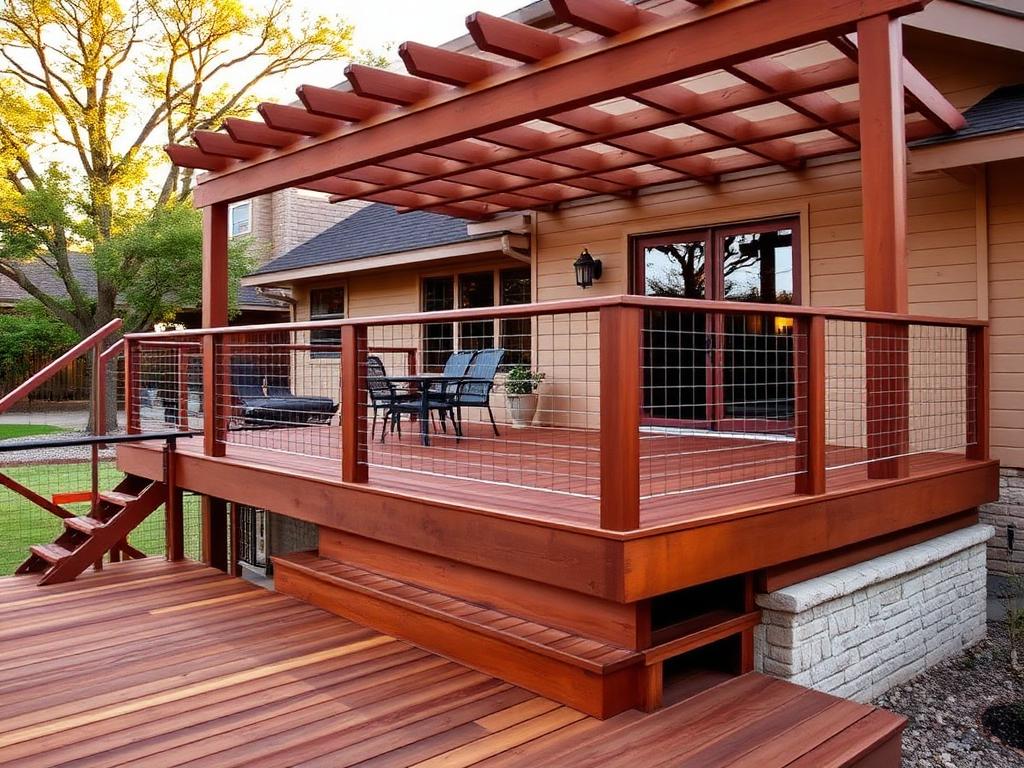 Multi-level stained deck with pergola and cable railing